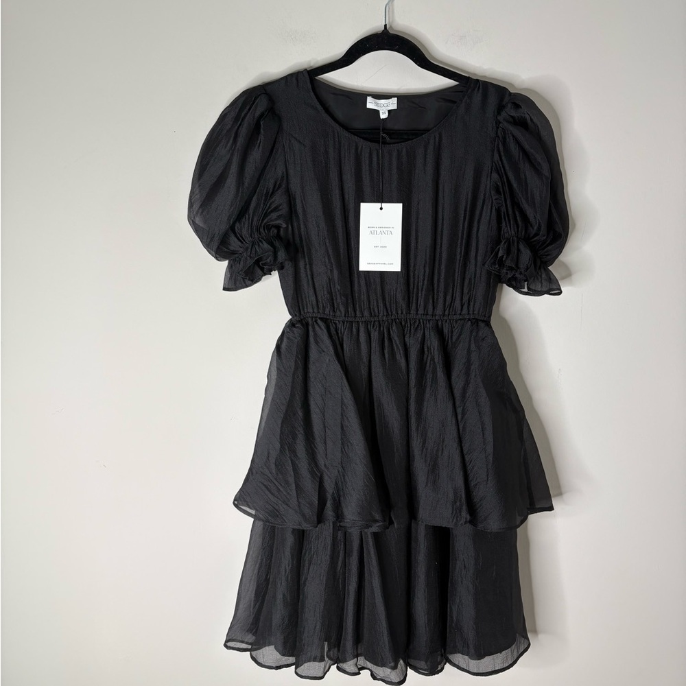 S’edge Black Puff Sleeve Mini Organza Dress